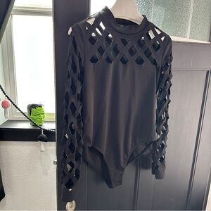 SHEIN Black Geometric Cutout Bodysuit Sz XL